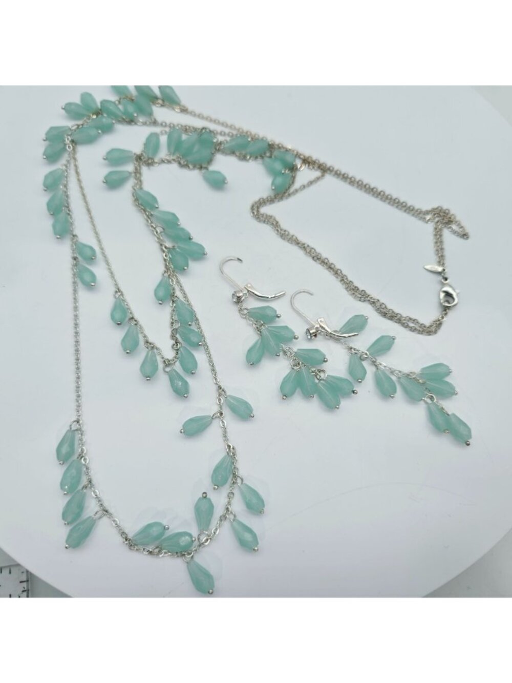 Silver-Tone Necklace & Dangle Earrings Set Aqua Blue Bead Avon - Picture 4 of 7